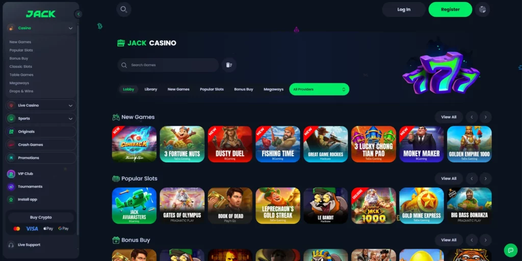 JACK casino homepage — a leading non GamStop crypto casino for UK players
